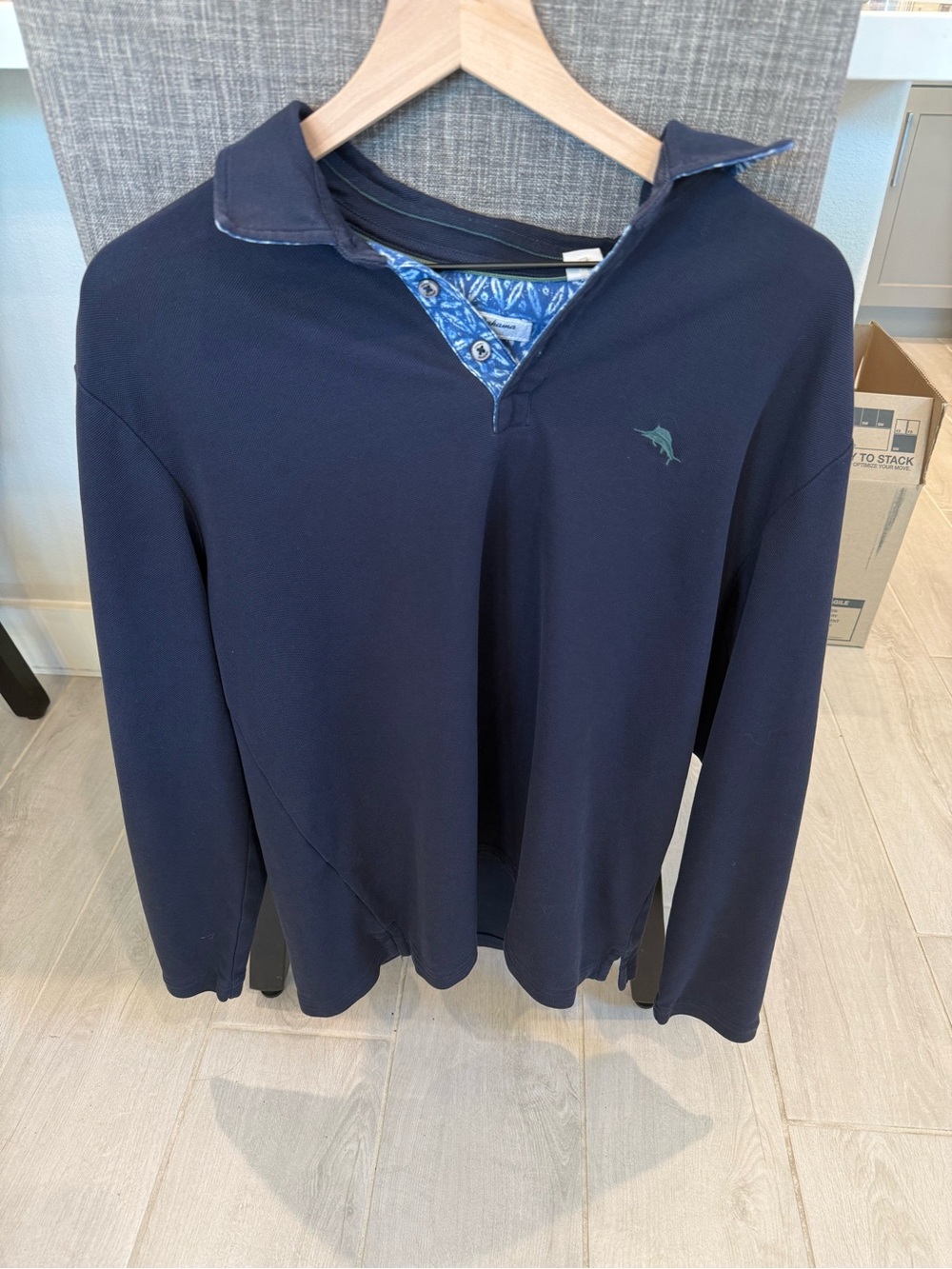 Tommy Bahama Navy Long-Sleeve Polo with Blue Accent